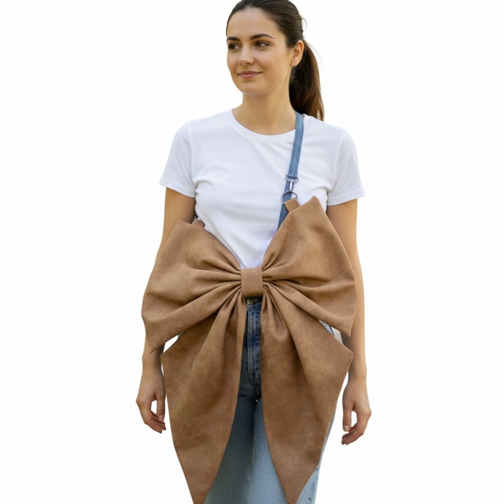 NEW Handmade Brown Distressed Vegan Leather Oversized Bow Crossbody Bag